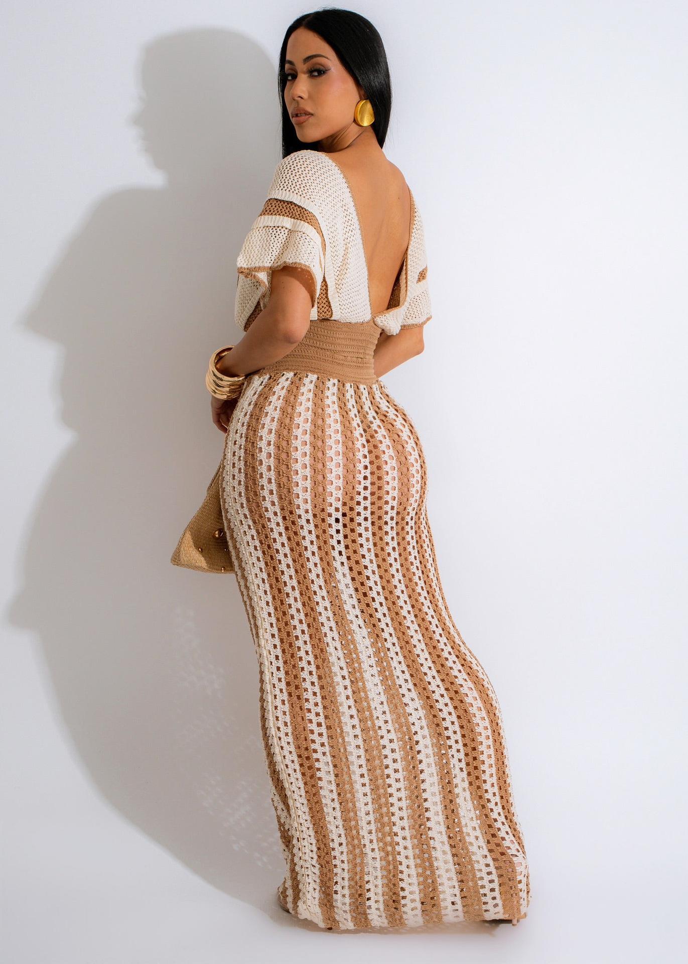 Skirt Sets Women 2 Piece Outfits Crochet Crop Tops and Striped Maxi Skirt Vacation Outfit Hawaiian outfit Featuring an openwork knit texture design Suitable for vacations, beaches, and cruises Valentine's Day