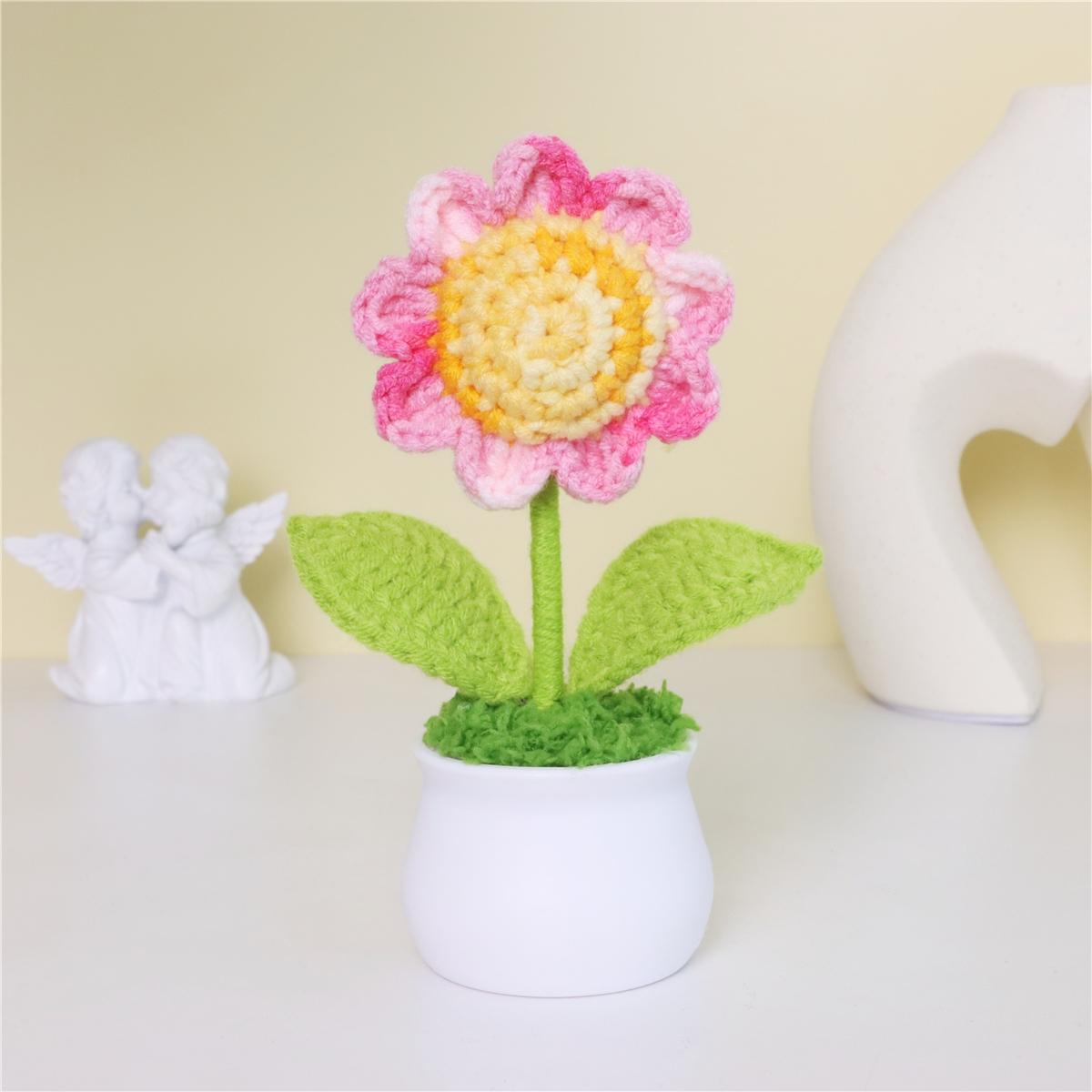 Sunflower Design Artificial Sunflower Crochet Flower Potted Plant, 3 Counts/set Cute, Home Decor Supplies for Living Room Bedroom Office, Decoration Items