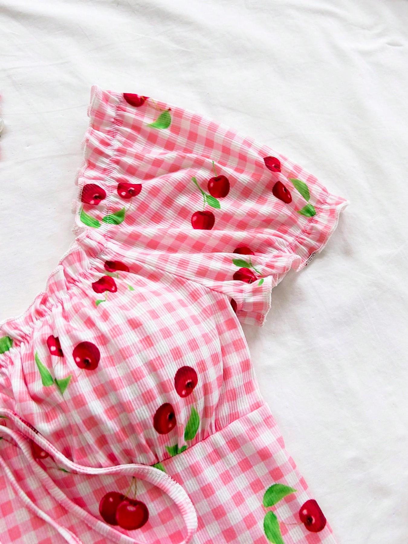 Sweet Spicy Cherry Plaid Romper, Bubble Sleeve V Neck Tie Waist Slim Fit Top, Single Piece, Chic Stylish and Comfortable Clothing