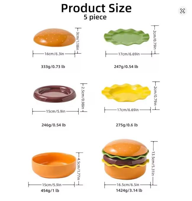 New Stackable Ceramic Burger Plate Mini Multicolor Hamburger Plate Set Easy to Clean 5-Layer Divided Plates