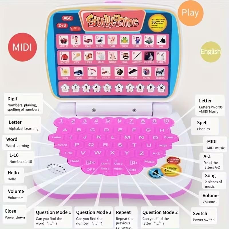 Electronic Digital Learning Toy, Word Learning Machine, Mini Study Computer, Portable, English Language, Letters Numbers Music, Suitable for Kids 3+, Christmas Gift, Phonics Learning Pad