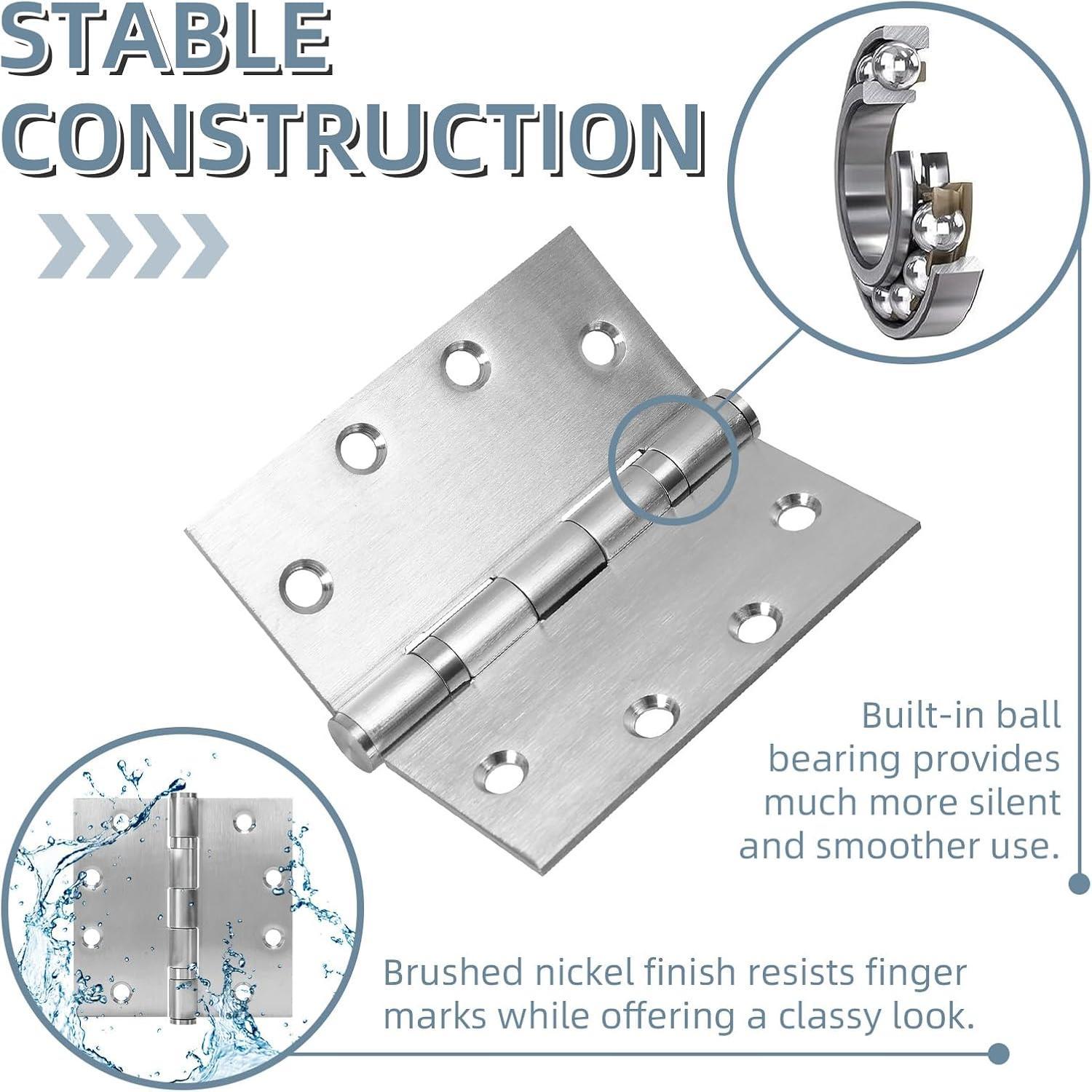 4.5" Heavy Duty Stainless Steel Door Hinge, 3 Pack 4.5 x 4.5 Inch Ball Bearing Door Hinges with Square Corners for Commercial and Residential Doors, Brushed Nickel