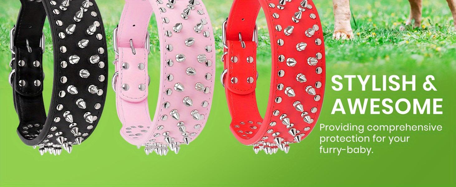 Heavy-Duty Spiked Dog Collar and Leash Set, Punk Style Golden Faux Leather with Metal Studs for Large Dogs, Pitbulls & Mastiffs, Adjustable Anti-Bite Protection, Collars, Adults, All Seasons, M, Other, Spike Collars, Leash Combo