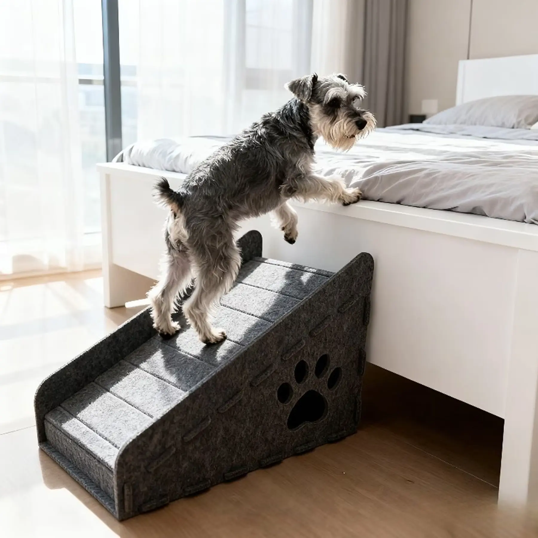 Pet Ramp for High Beds and Sofas, Cushioned Climbing Stair with Hidden Cat Bed, Paw-Print Safety Ramps for Dogs and Cats