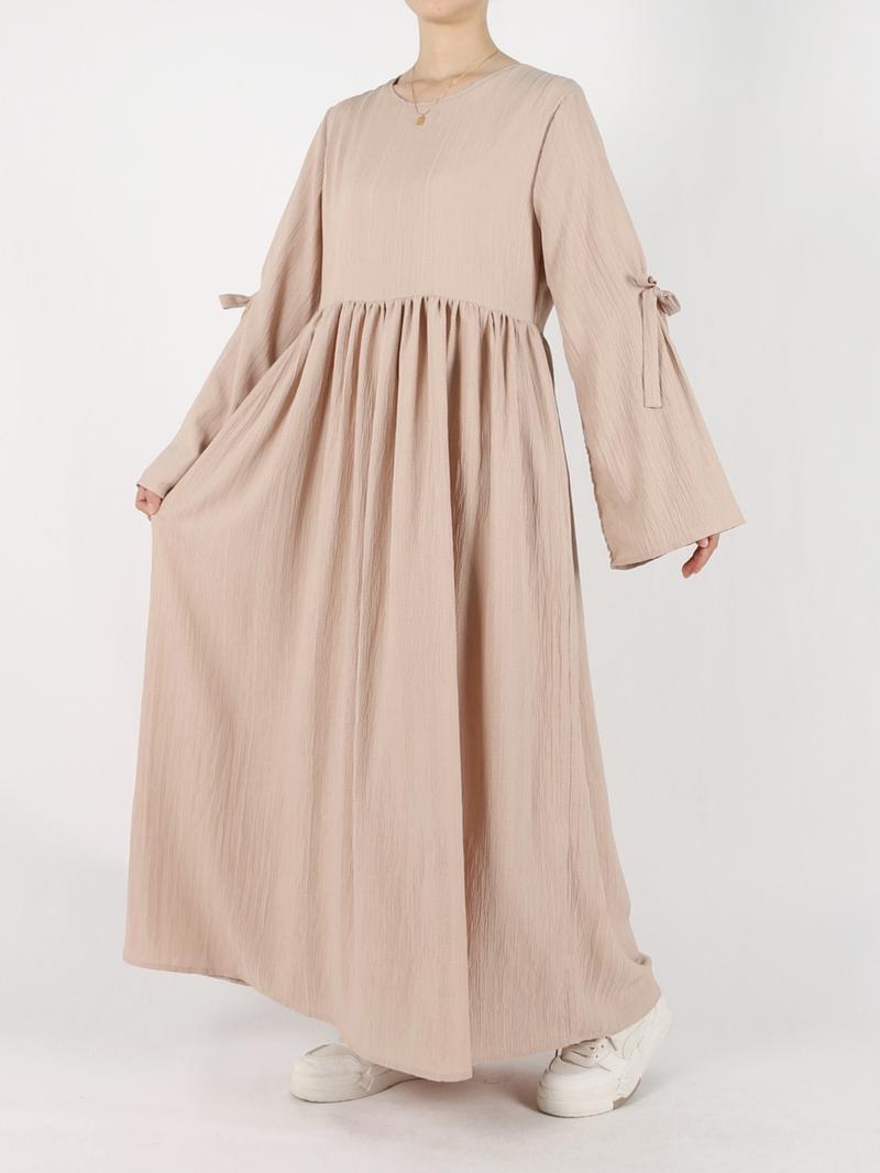 Women's Plain Bow Decor Flounce Sleeve Pocket Smock Dress, Casual Long Sleeve Round Neck Zipper Back Dress for Daily Wear, Ladies Clothes for All Seasons