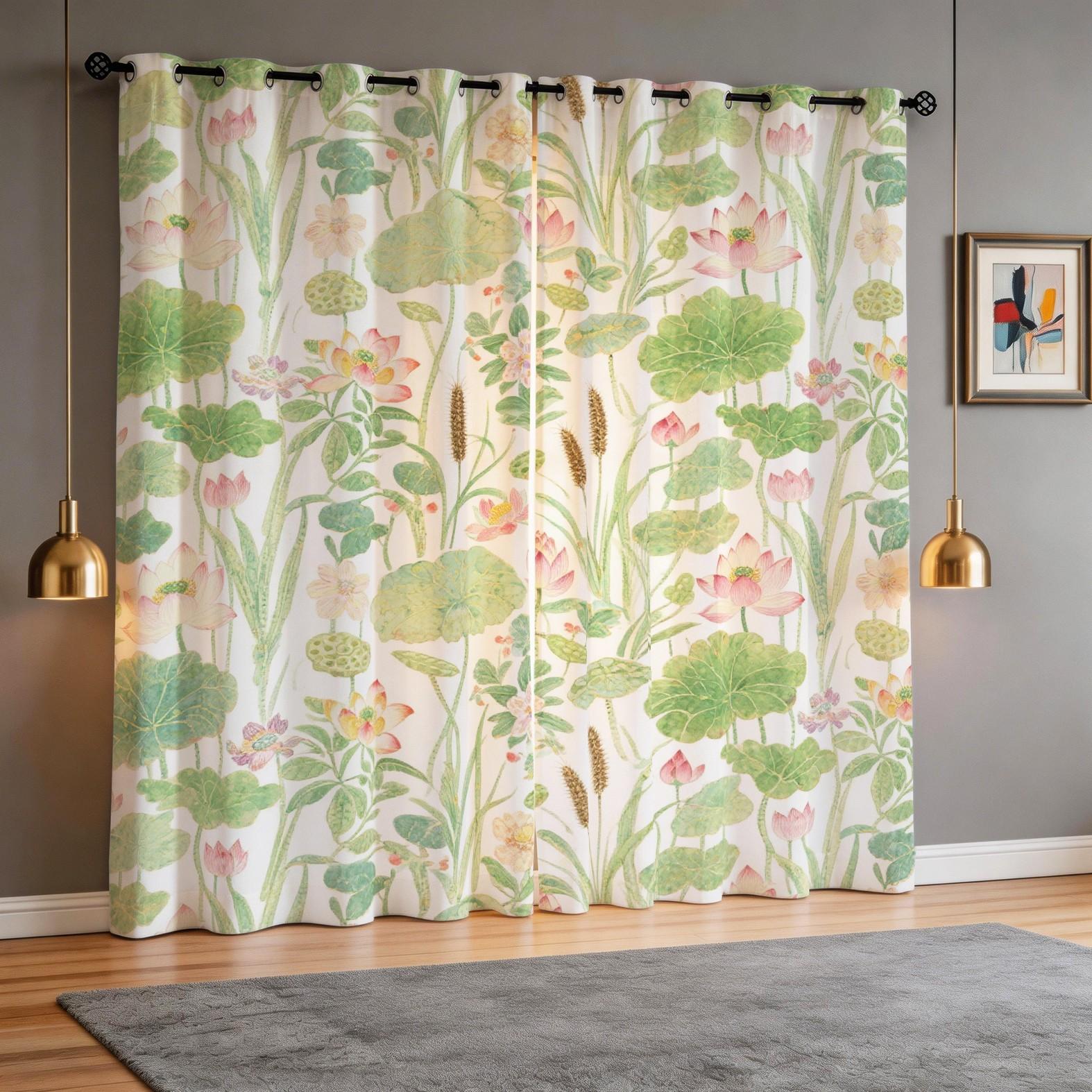 Watercolor Lotus Pond Curtains 2 Panels, HD Digital Printed Curtains, 80%-90% Light Blocking Darkening Curtains, Easy to Install Decorative Curtains for Living Room Bedroom Home Decor
