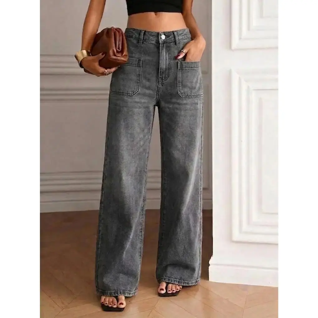 Women's Sports Washed Grey High-Waisted Wide-Leg Denim Joggers - Front Patch Pocket Relaxed Fit