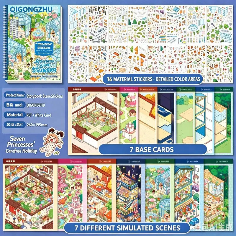 Collection of storybook illustrations and scenery stickers, featuring cute cartoon 3D miniature houses and DIY miniature scenes for children, Crafts, Decal Stickers Book