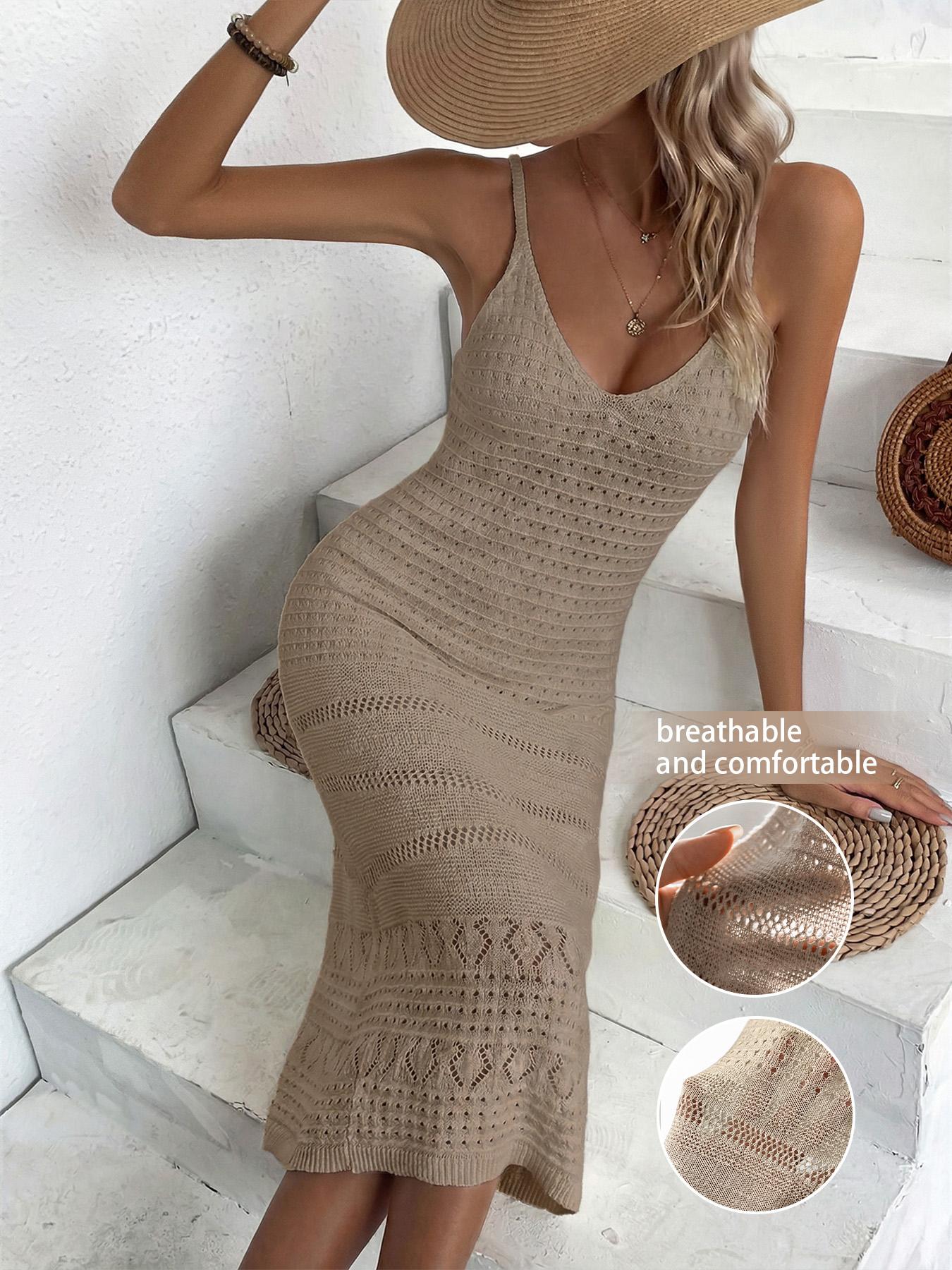 Women's Elegant V-Neck Sleeveless Spaghetti Strap Long Dress, Casual Chic Summer Fashion, Split Thigh Design, Plain Pattern, Fitted Beachwear