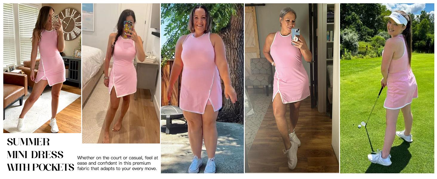 FISOEW Women's Pink Workout Tennis Dress with Built-in Bra & Shorts Pockets Sleeveless Crewneck Golf Athletic Mini Dresses Activewear Machine Washable Soft Breathable Fabric SpringStatements