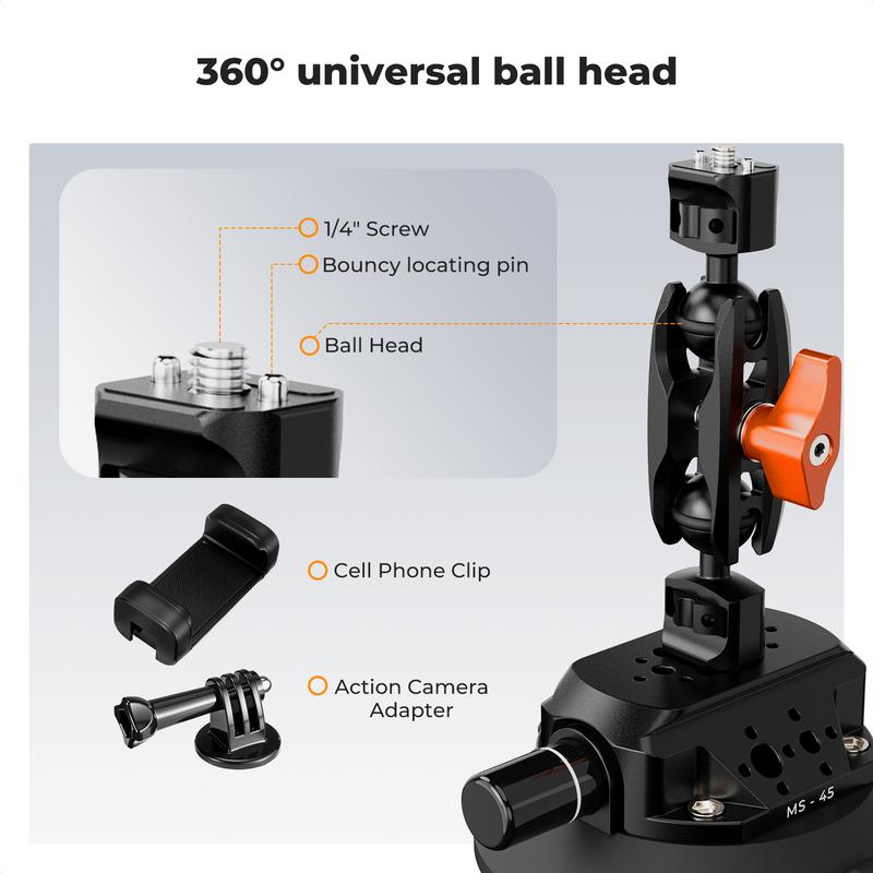 【K&F CONCEPT】4.5" Suction Cup Camera Mount with Magic Arm, ARRI Style 1/4" 3/8" Threads, Quick Release Car Mount Compatible with Gopro DJI Insta360 for DSLR Action Camera Phone Video Shooting