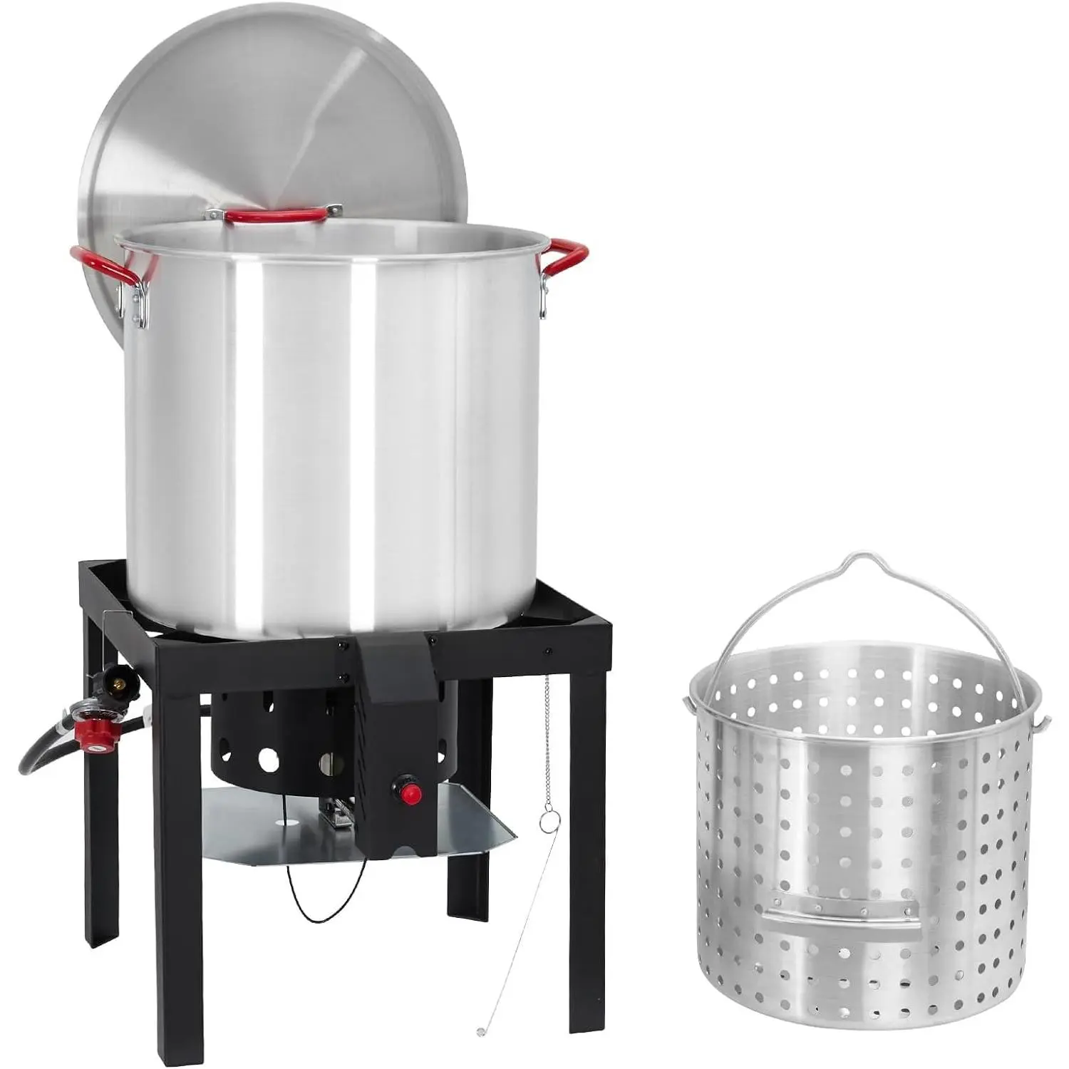 100QT Aluminum Seafood Boil Pot Set with Steam Basket & Strainer – 110,000 BTU Propane Igniter and 10 PSI Controller – Outdoor Crawfish, Shrimp, Crab Boiler Kit with Lifting Hook – Ideal for Backyard Cooking