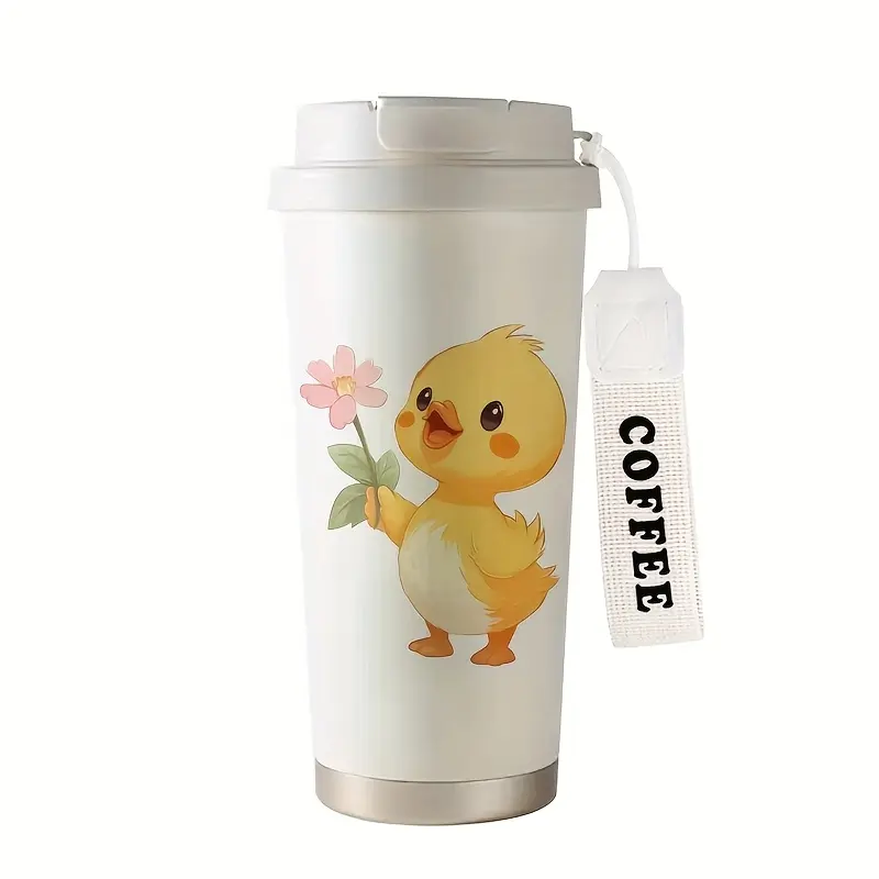 18oz Cute Duck Pattern Insulated Stainless Steel Tumbler - Double-Walled Cup, Leak-Proof Lid, Straw, Handle, Portable Vacuum Flask for Hot/Cold Drinks, Gift for Coffee Lovers, Home/Office Kitchenware