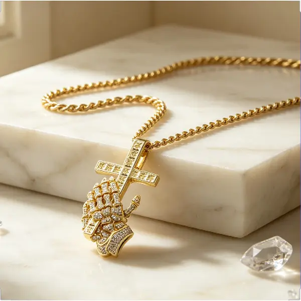 Gothic Punk Skeleton Hand Clutch Cross Necklace Fully Iced CZ Diamond Hip Hop Religious Pendant Twist Chain for Men Women Street Fashion