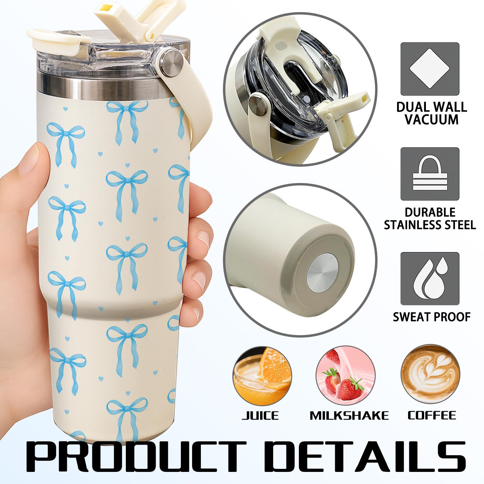 1 Pc 30oz insulated mug with handle and straw, Tumbler, cream white with blue bow design, double wall vacuum cup, leak-proof skinny thermal mug, keeps hot 12 hours and cold 24 hours, perfect for coffee tea smoothies cocktails, holiday gift