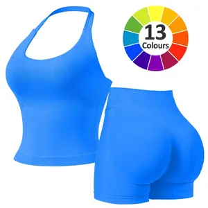 RICH BRIA 2PC Gym Set for Women, Halter Top & High Waist Impact Shorts Sports Set, Sporty Breathable Quick Dry Outfits for Yoga Gym Fitness Running, Ladies Sportswear for Summer, Workout Clothes, Athletic Gym Sets Clothing, Aleisure Wear Clothing Sleevele