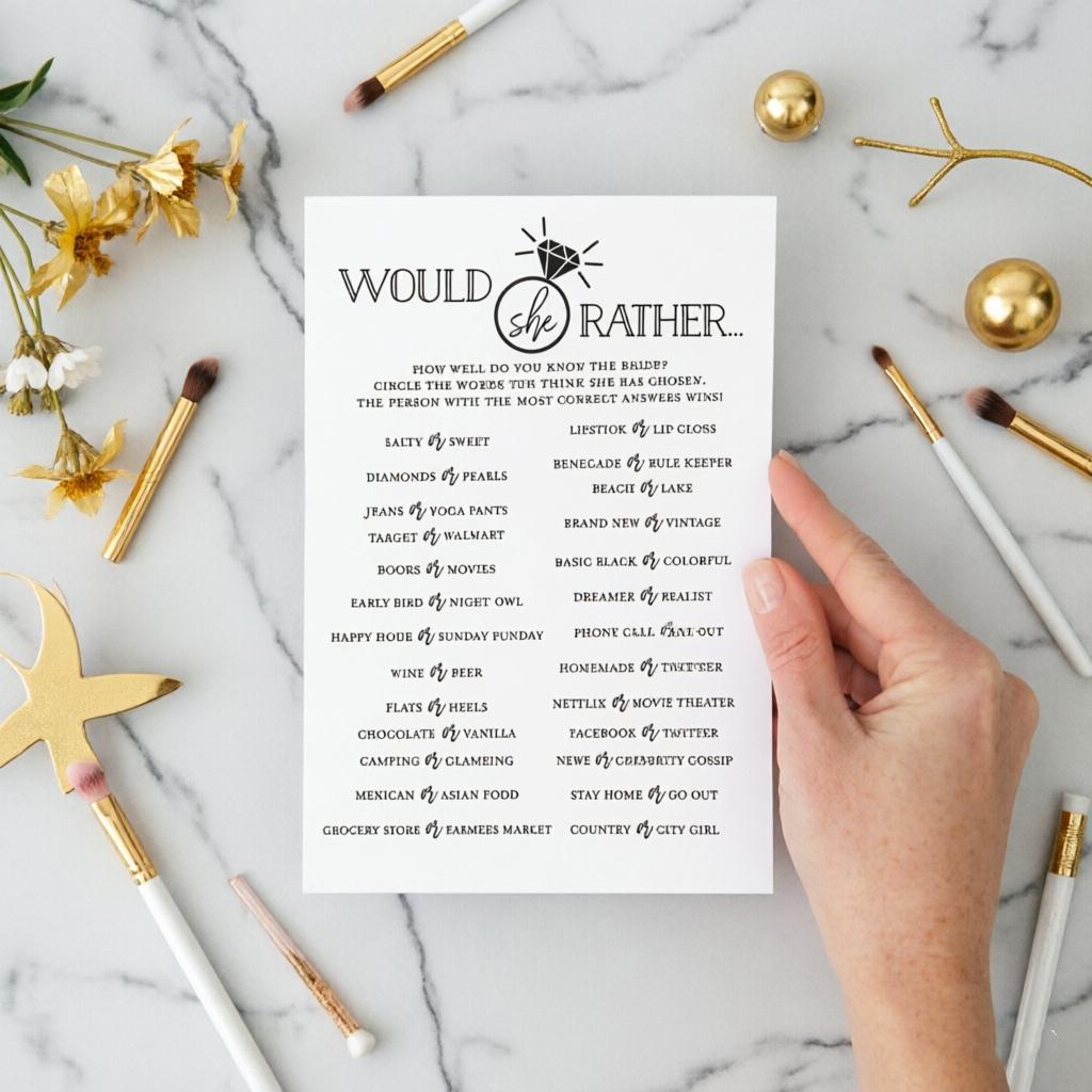 10 New Bridal Party Interactive Game Cards, Would She Rather Quiz Cards, Pre-Wedding Guest Entertainment, Single Party Fun Props