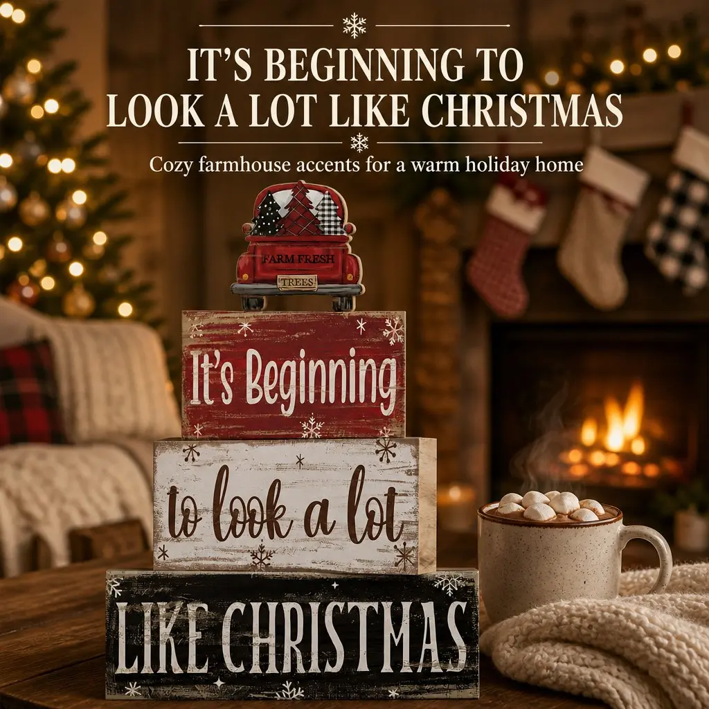 4-Piece Solid Wood Christmas Stacking Blocks, Farmhouse Style, Truck Design, Perfect for Holiday Decor, Ideal Moving Gift