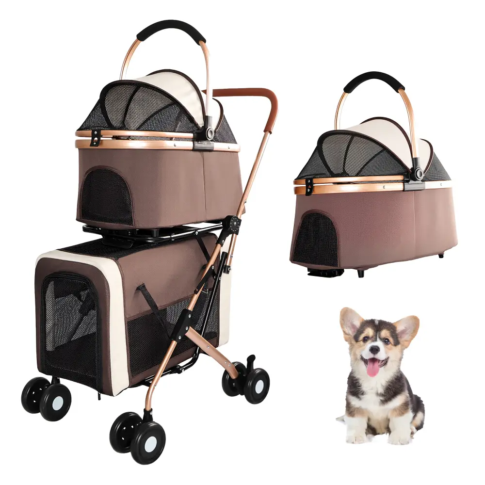 Double Pet Carrier/Stroller for Small-Medium Dogs & Cats, Foldable Frame, 3-in-1 Convertible Tote, Shockproof Wheels, Brake System, Fixed Safety Leashes (Khaki)