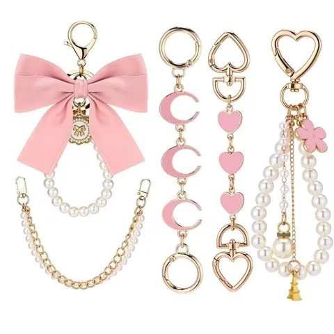 5Pcs Metallic Gold Elegant Bow & Pearl Bag Extender Chains - Costume Jewelry Purse Accessories, Mini Purses Keychains, Decorative Tote Charms for DIY Upgrade & Daily Wear Styling