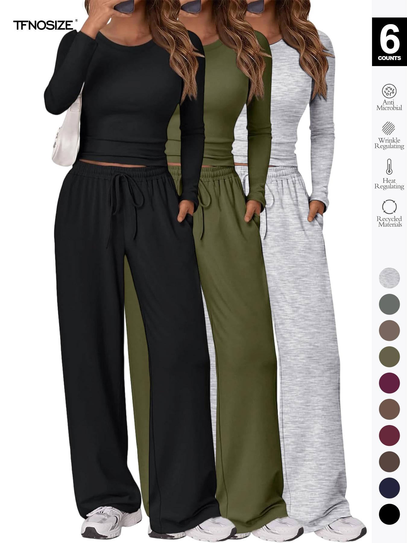 Women's 2 Piece Matching Loungewear Set, Long Sleeve Slightly Crop Fitted Top & Wide Leg Drawstring Pants, Casual Sweatsuit for Fall & Winter