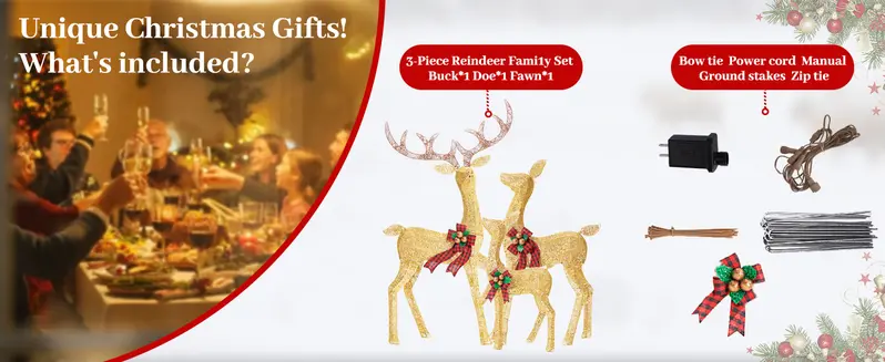 Product Introduction of FOOWIN 3D Large Lighted Christmas Deer Family Set, 3-Piece 4.8Ft Pre-Lit Reindeer Outdoor Christmas Decoration with 210 LED Lights, Red Bows,Stakes, for Yard Patio Lawn Garden Courtyard 14
