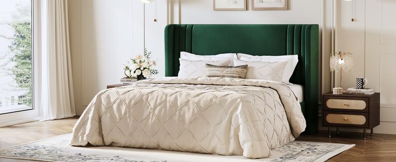 HOOMIC Upholstered Platform Bed Frame【Frame Only No Mattress】,Wingback Headboard with Vertical Stripes in Dutch Velvet,Full/Queen/King/Sizes,No Box Spring Needed,Pink/Black/White/Blue/Green/Gray