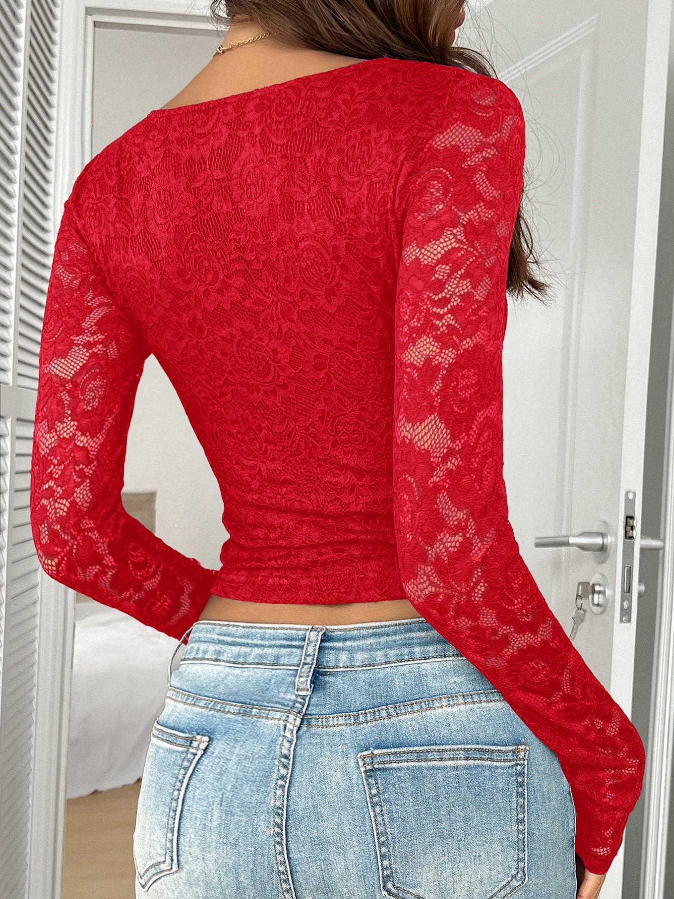 Wavy Hem Deep V Neck Floral Lace Long Sleeve Crop Top, Sexy Sheer Cutout Lace Bodycon Shirt, French Style Wavy Edge V Neck Tight T-Shirt, Fitted Shirts