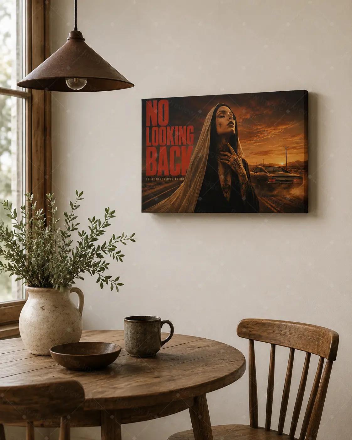 "No Looking Back" Canvas Wall Art, Road Trip Nun & Sunset Desert Print, Modern Aesthetic Living Room Bedroom Office Decor, Statement Poster Gift,wall decor,poster.