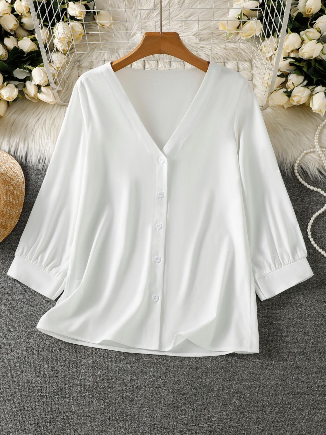 Women's V Neck Simple Solid Color Shirt Top, Fitted 3/4 Sleeve Blouse, Casual Plain Design, All Seasons Wear, Fashionable Women's Clothing Women's V Neck Simple Solid Color Shirt Top, Fitted 3/4 Sleeve Blouse, Casual Plain Design, All Seasons Wear, Fashionable Women's Clothing