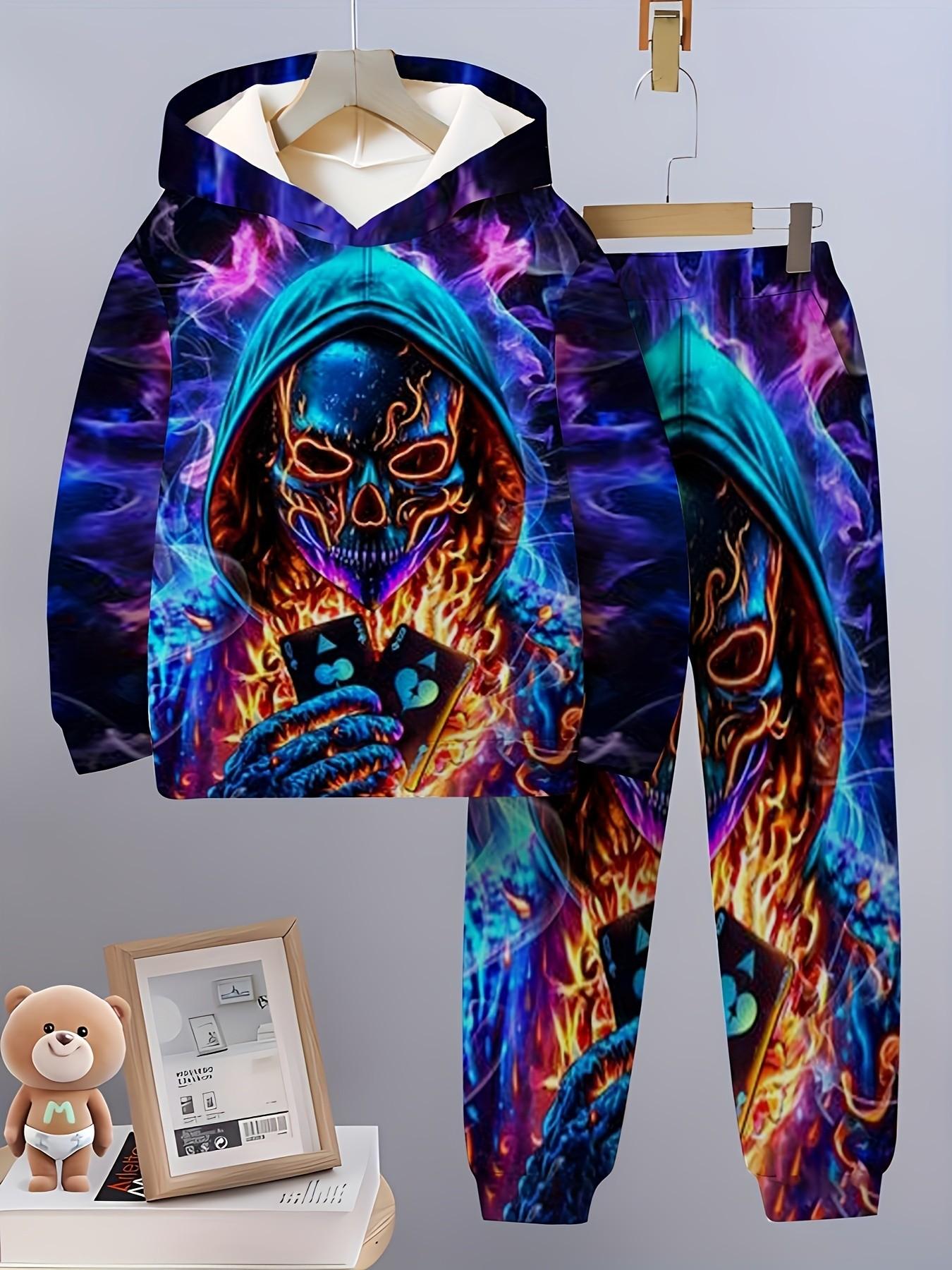 5 Pcs Boys' Gothic Neon Skull Starry Full Print Sports Set, Hooded Sweatshirt and Drawstring Pants, Casual Streetwear Outfit Sets for Kids Clothes Kids