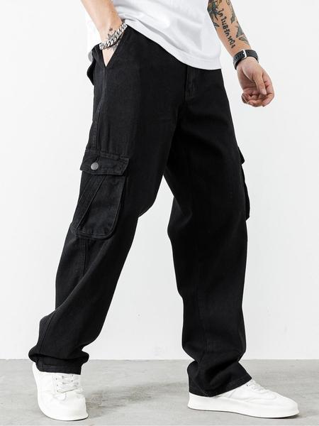 Men's Solid Flap Pocket Cargo Jeans, Loose Casual Street Fashion Denim Pants for Daily Wear, Plain Denim Trousers, Men's Trousers for All Seasons