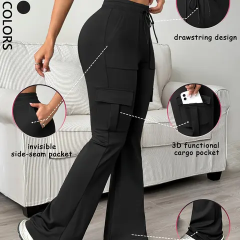 Women's Casual Bell Bottom Work Pants, Black Trousers, Long Trousers for Commuting, Adjustable Waist Trousers, Adjustable Drawstring, Fitted Plain Design, Basic, All Seasons Essential, Comfortable and Stylish