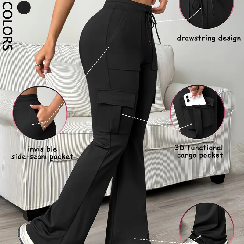 Women's Casual Bell Bottom Work Pants, Black Trousers, Long Trousers for Commuting, Adjustable Waist Trousers, Adjustable Drawstring, Fitted Plain Design, Basic, All Seasons Essential, Comfortable and Stylish