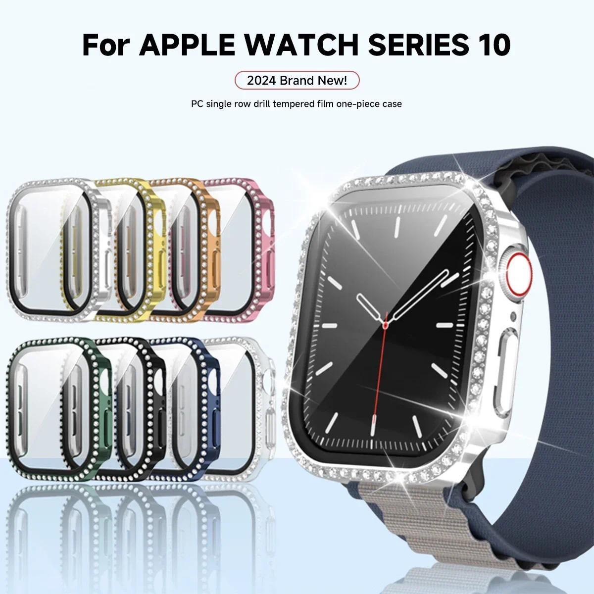 Bling Glass+Cover For Apple Watch 11 10 42mm 46mm Diamond Hard PC bumper+Screen Protector Case iwatch series 11 10 Accessories
