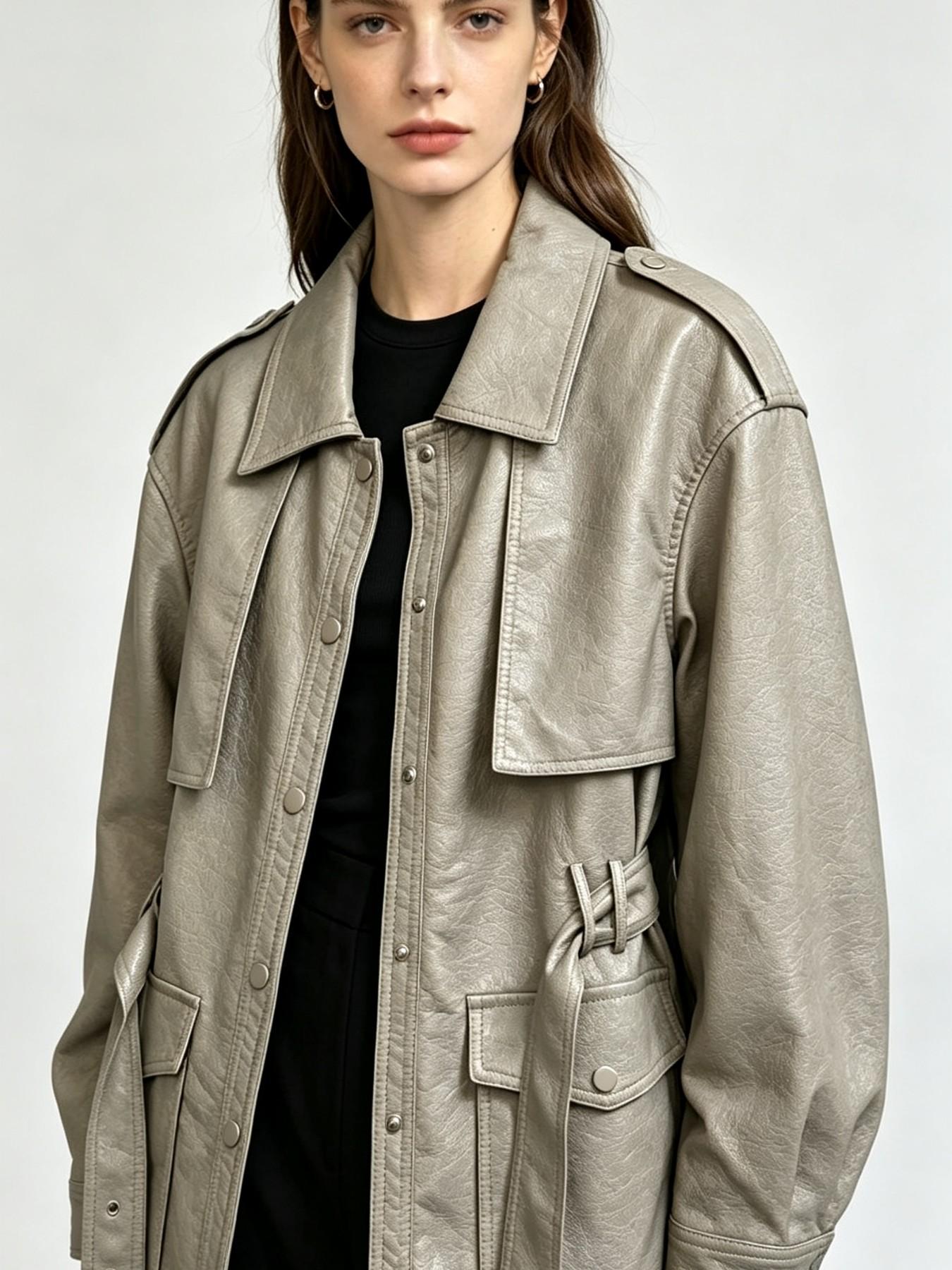 Vintage Style Women's Coat, Lapel Collar Shoulder Patch Design, Waist Belt, Multiple Pockets, Mid-Length, Commuter Jacket