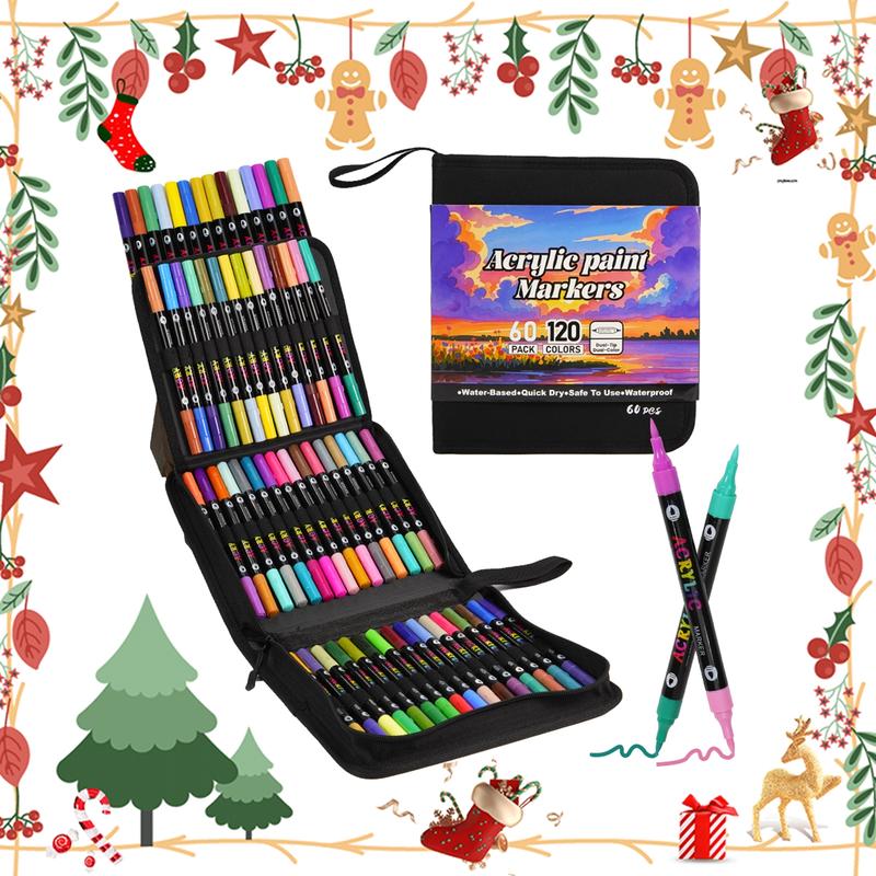 120-Color Acrylic Paint Marker Set, 60pcs Acrylic Paint Marker Pens with 2 Brush Heads, Creative Coloring Markers for Rock, Wood, Canvas, Stone and Fabric, Art Supplies, Art Materials