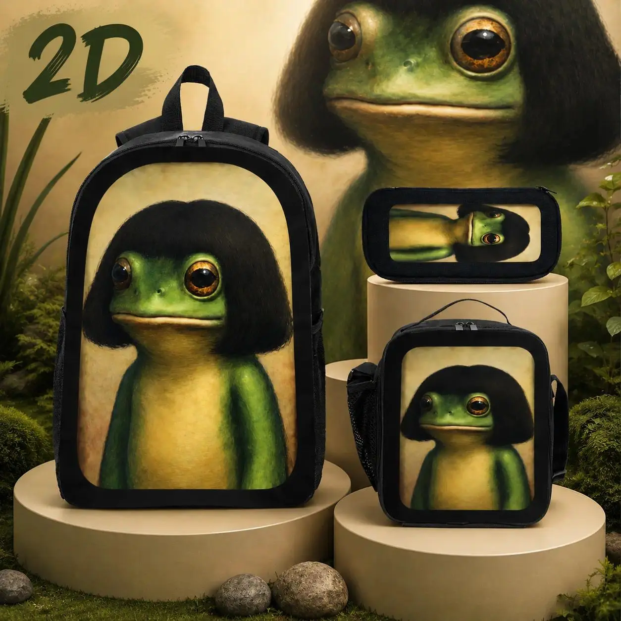 Funny Frog BobHaircut Printed 3PCS Backpack Set 17in School Backpack for Boys Girls backpacks for school backpacks for women man tiktok viral aesthetic