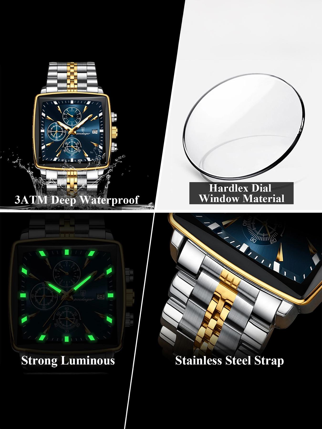 Poedagar Fashion Men's Watch Waterproof Date Men's Square Watch Suitable for Daily Wear and Outdoor Activities Durable Timepiece Stainless Steel Quartz Men's Watch
