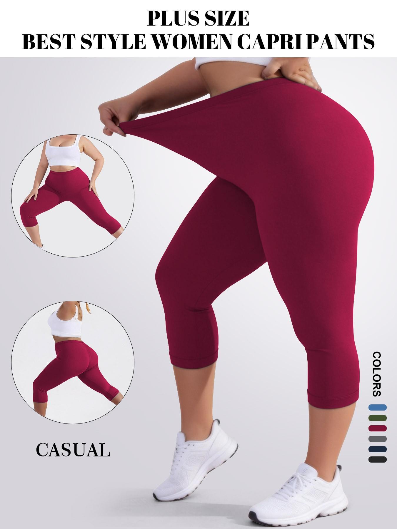 Plus Size Women's High Elasticity Capri Pants, Soft Comfortable Fabric, Non-Transparent Yoga Leggings for Leisurewear, Multiple Color Options, Elastic Waist Leggings