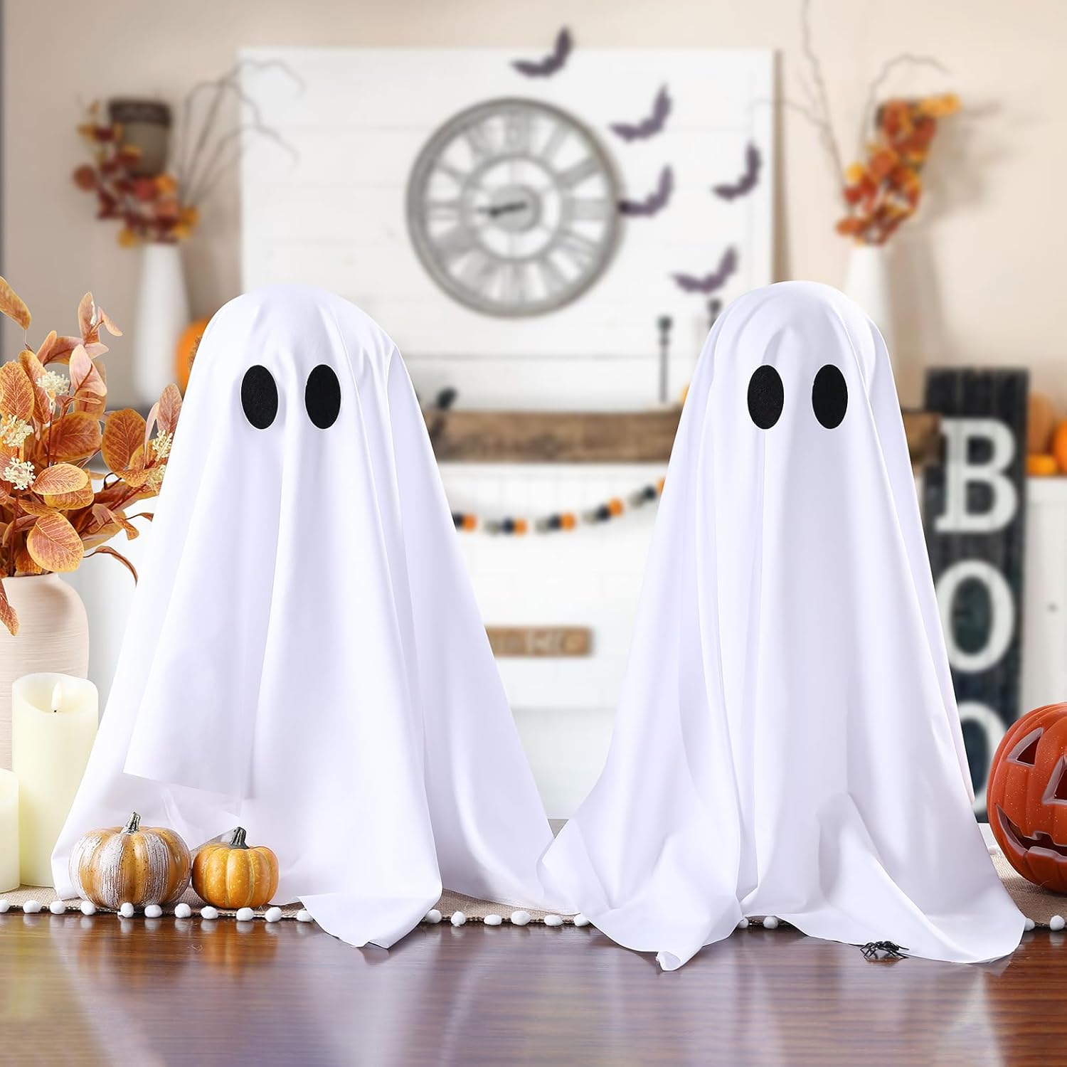 Halloween Decorations, 2 Pack Ghosts with String Lights, Spooky Indoor Party Decor for Home Table Room Kitchen Fireplace