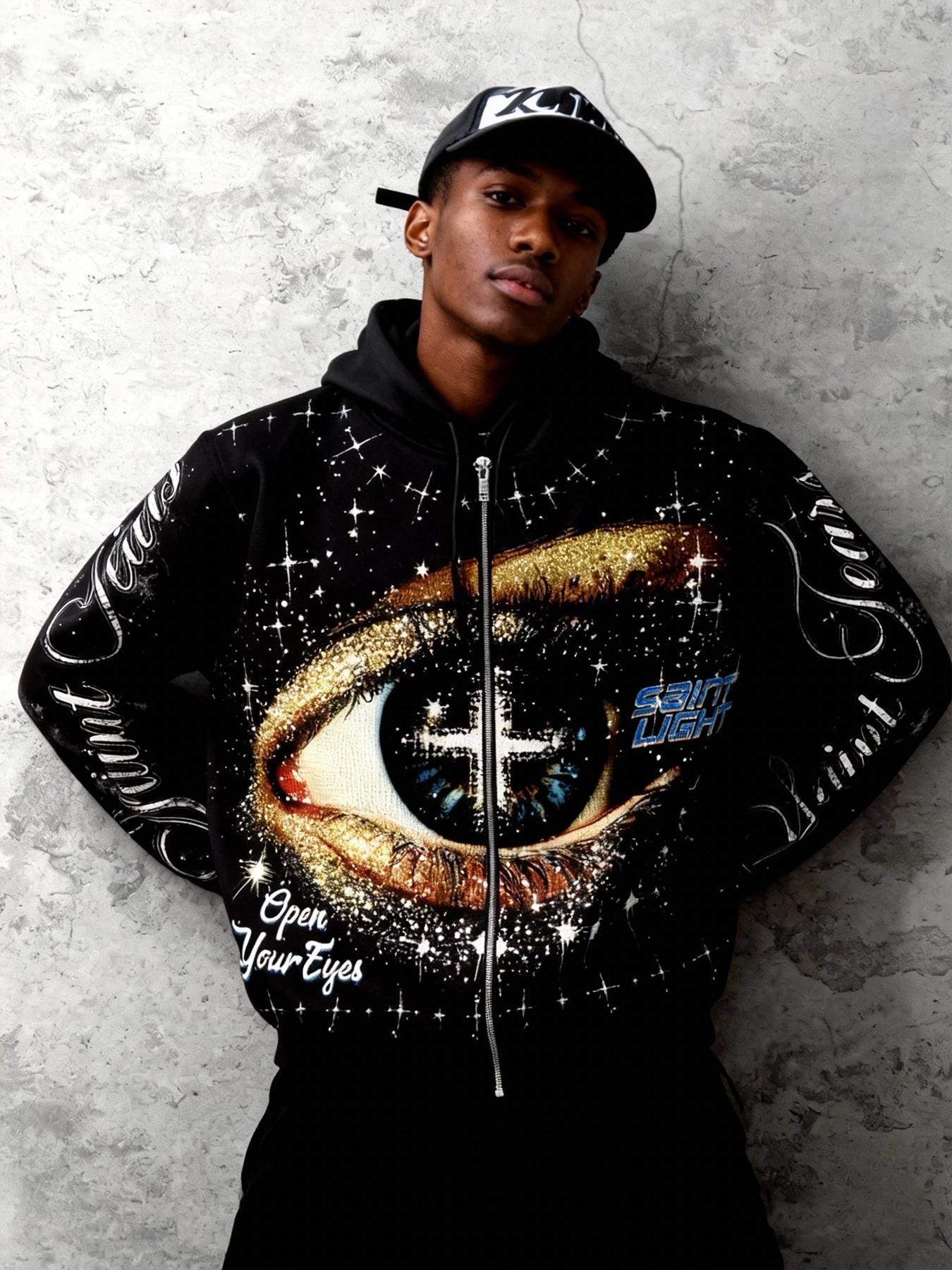Saint Jesus Cross Eyes Men's Zipper Hoodie Sweatshirt, Y2K Style Cardigan Hoodie, Women's Starry Sky Print Punk Style Zipper Jacket, Graphic Print Hoodie, Music Festival