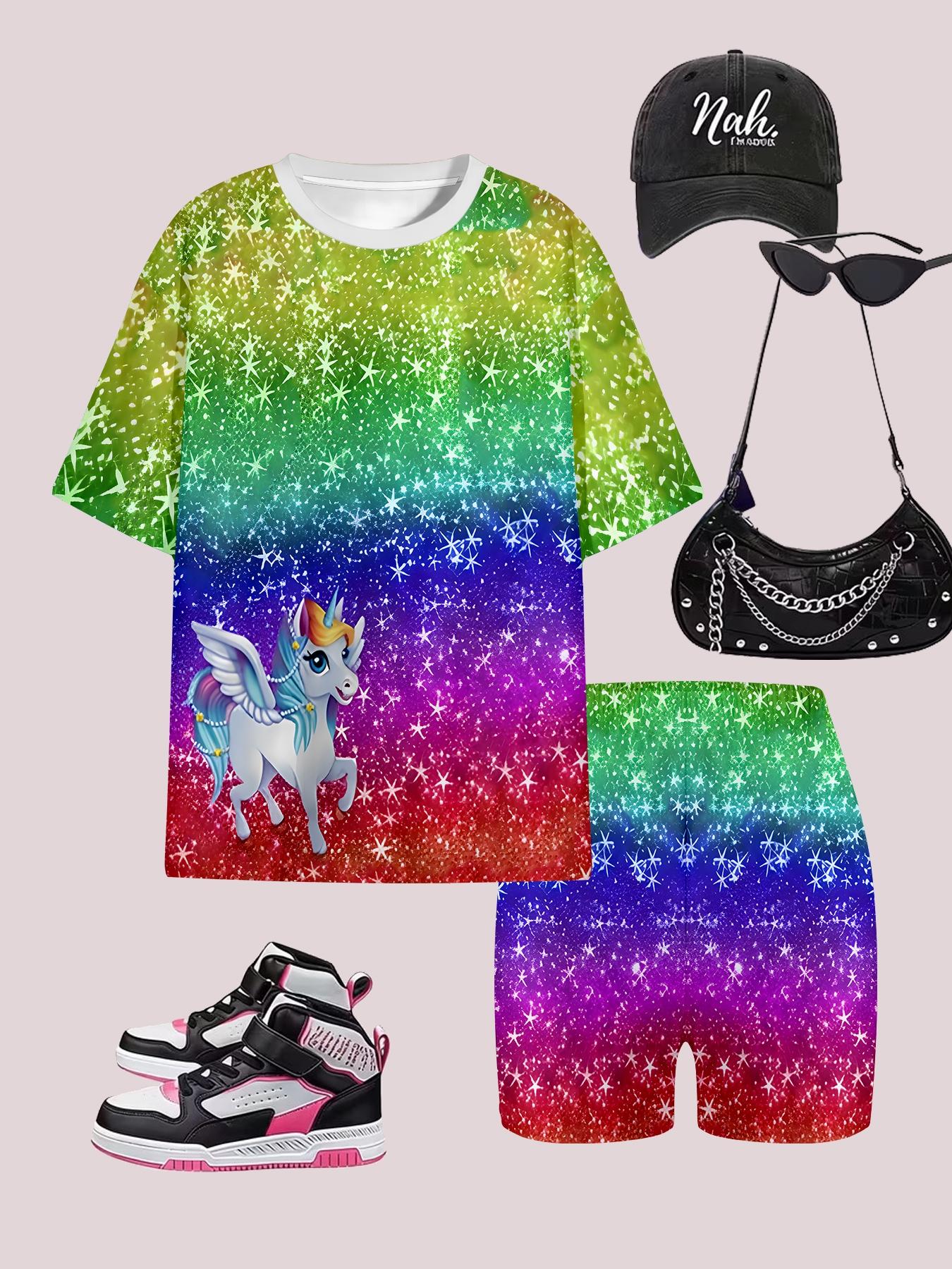 Girls Summer Rainbow Gradient Unicorn Set, Kids Dreamy Galaxy Pegasus Short Sleeve & Shorts Two-Piece Outfit