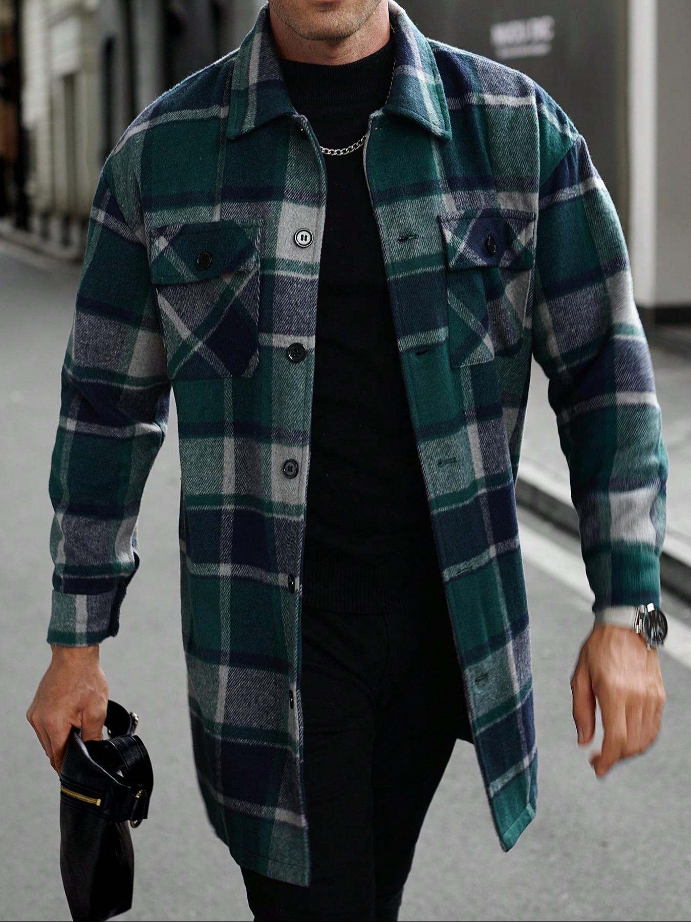 Men's plaid check long coat, Long Sleeve, with a buttoned lapel, loose fit, front button pockets, suitable for daily wear in autumn and winter, comfortable and warm, men's trench coat, autumn and winter