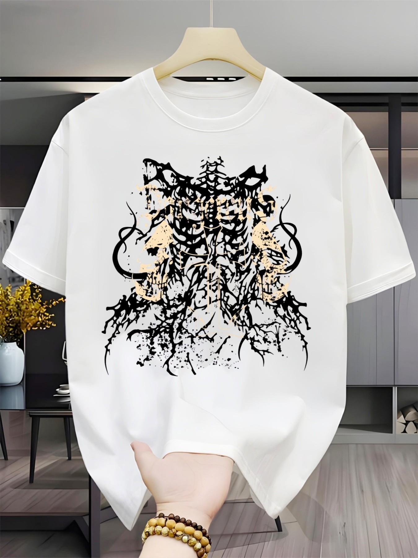 Men's Short Sleeve T-Shirt, Gothic Skull Cross Print, Casual Loose Fit, Breathable Round Neck, Streetwear Fashion, All Seasons