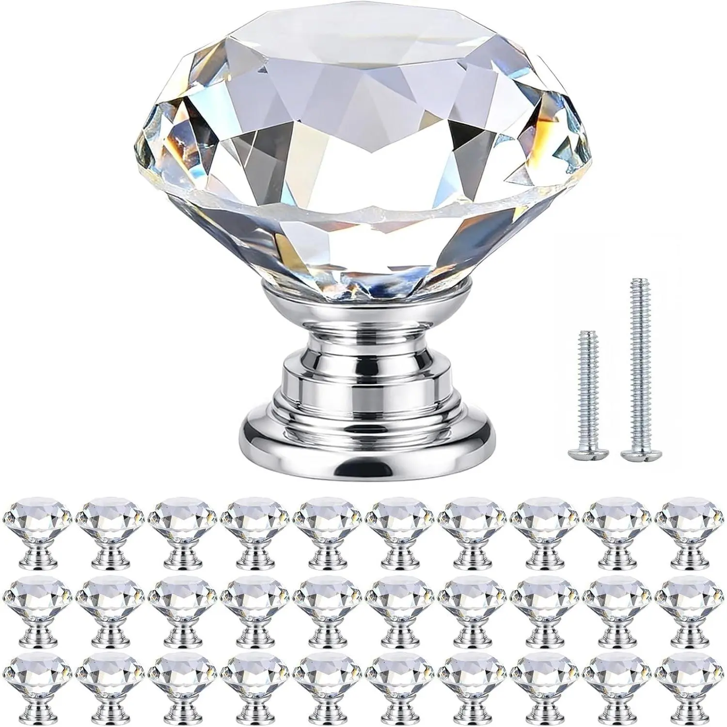 Crystal Cabinet Knobs 30 Pack, 1-3/16 Inch Diamond Glass Drawer Pulls Handles for Dresser with Two Screws, Home Upgrade Spring Renovation (30mm, Clear-Silver)Gift