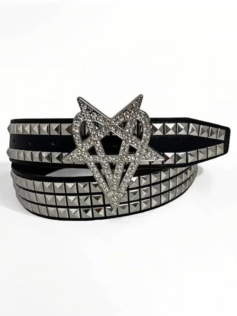 1pc Men's Punk Rivet Belt, Women's Star Rhinestone Gothic Eyelet Hollow Out Leather Belt, Daily Wear Fashion Accessory