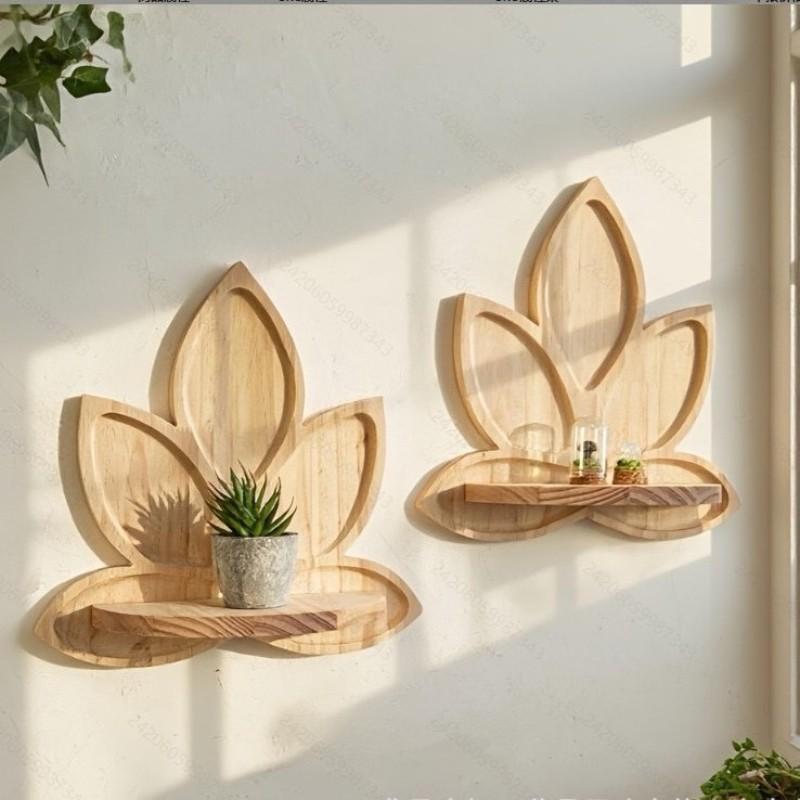 Wall Mounted Wooden Shelf, Lotus Shape Candle Holder, Multi-Purpose Storage Rack, Decorative Wall Organizer, Home Décor Accessory