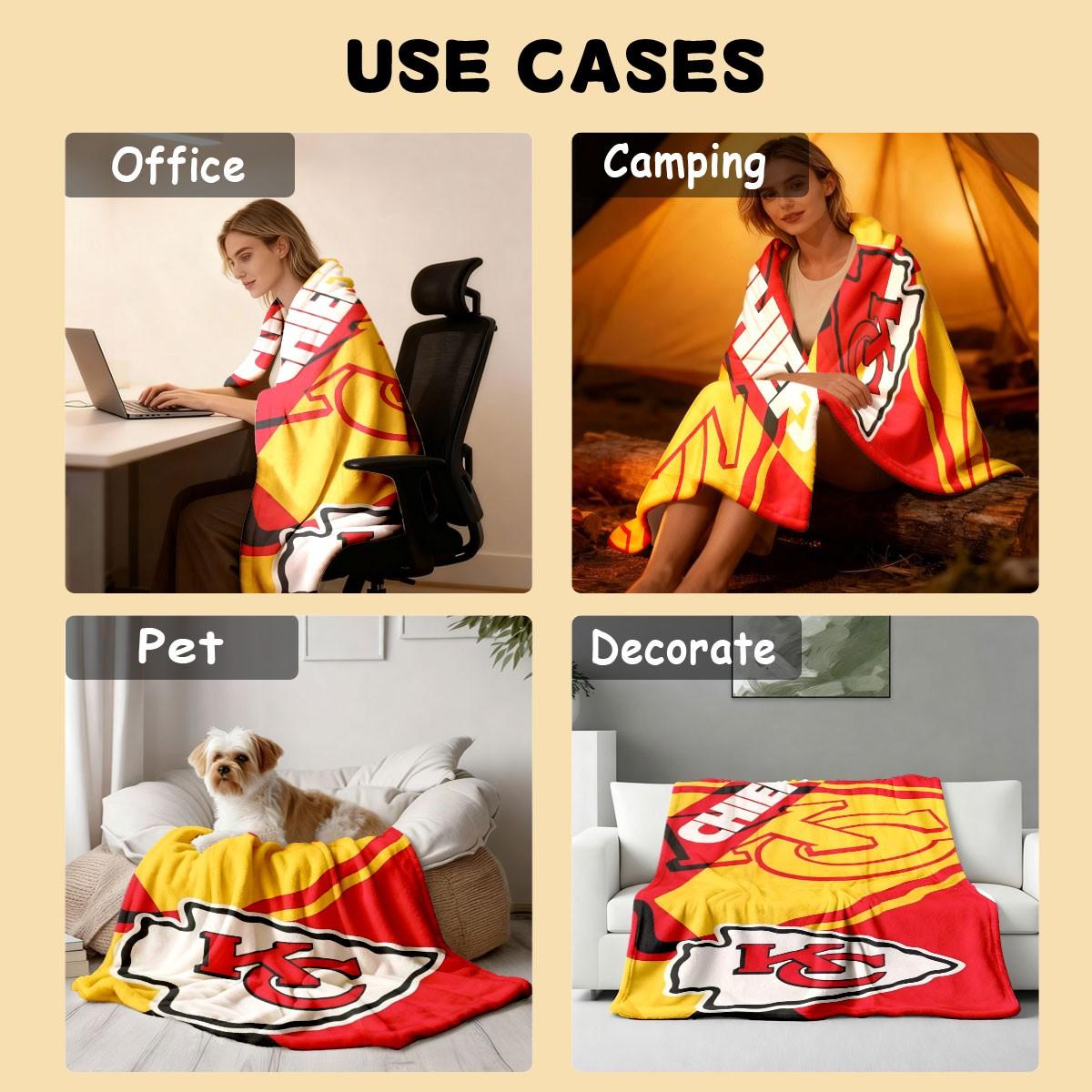 Kansas City Chiefs Flame Logo Flannel Blanket, Soft Lightweight Warm, Bedroom Holiday Decor, All Seasons, Bed Sofa Office Camping Travel Gift