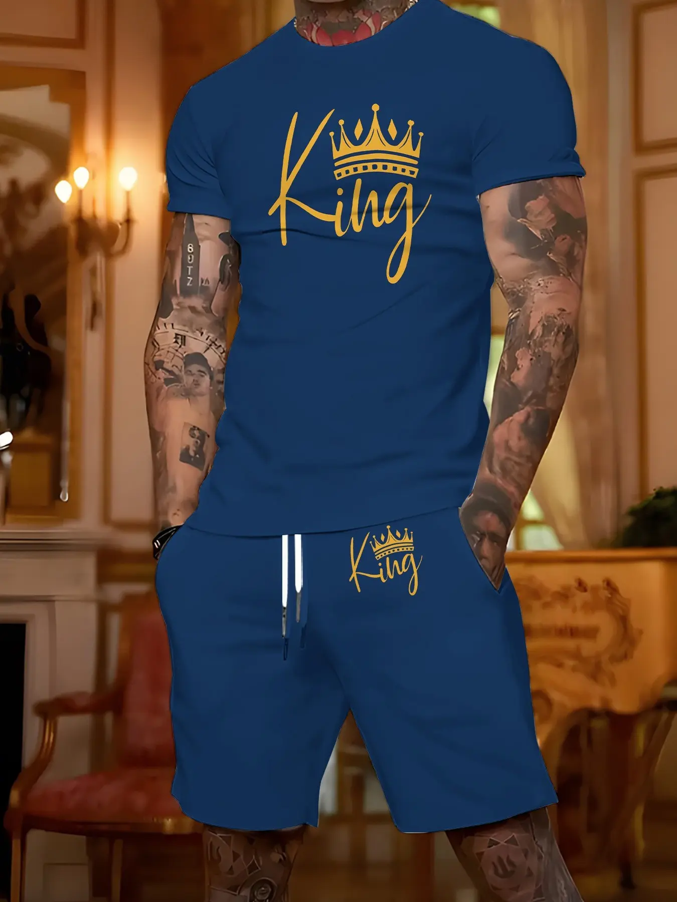Men's King Crown Letter Print Two-Piece Set, Short Sleeve Tee and Drawstring Elastic Waist Shorts, Summer Casual Sportswear